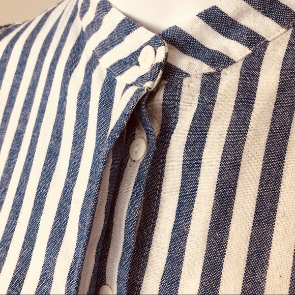 SOLD Blue & White Stripe Cotton Long Sleeve MVN Ruffle Button Up Shirt 12 - Picture 9 of 16